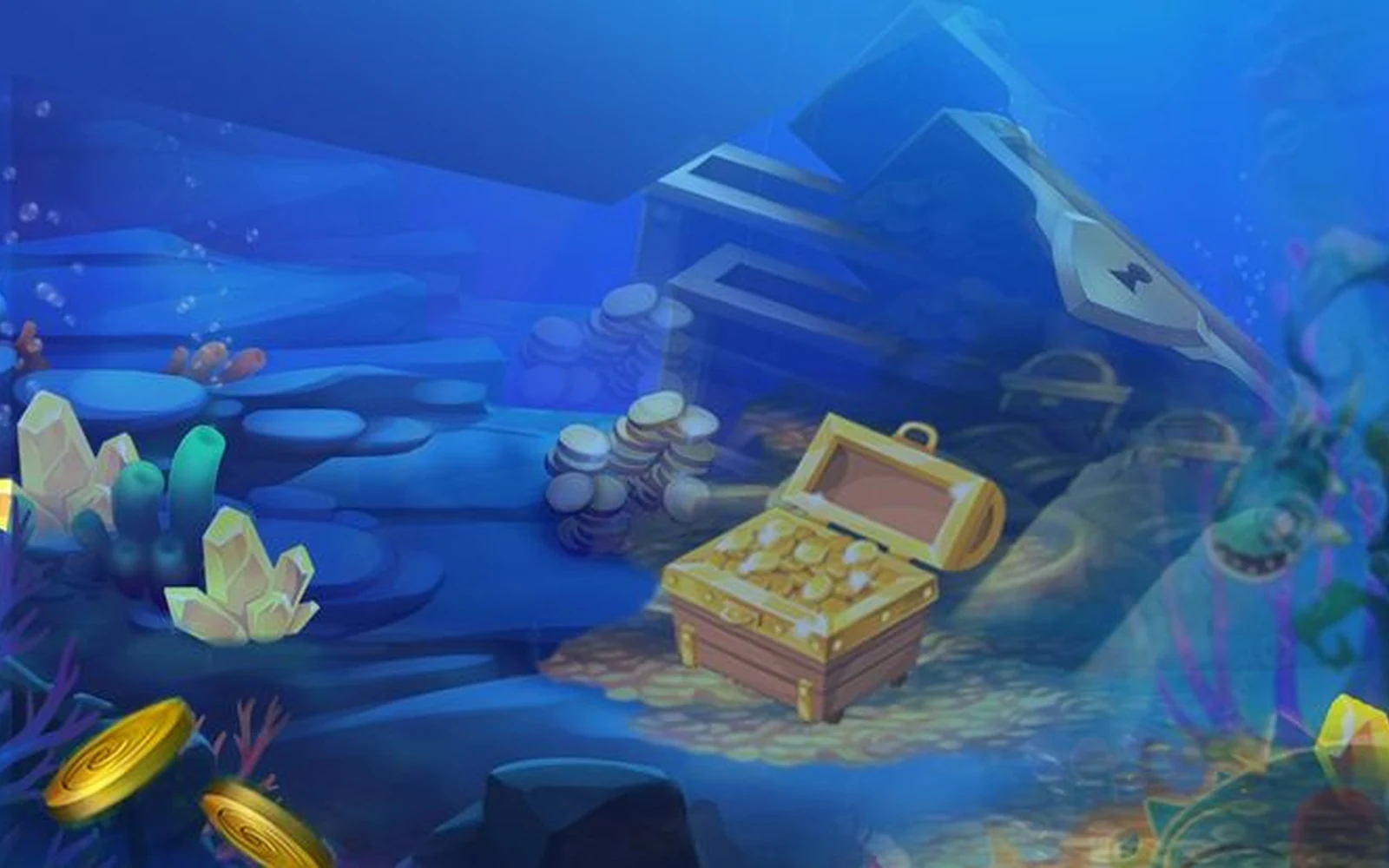 หน้าจอเกมยิงปลาแสดงปืนใหญ่และสัตว์น้ำเคลื่อนที่